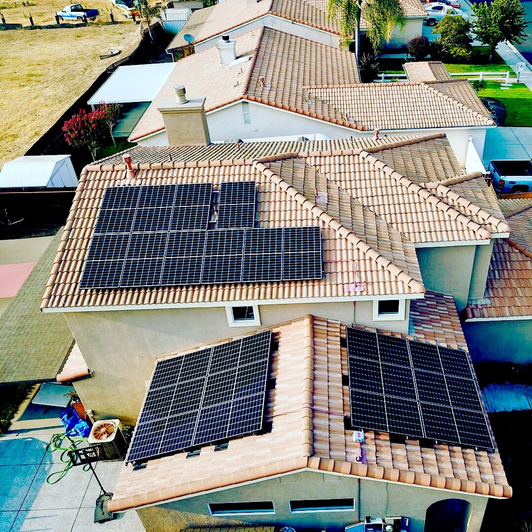 Aerial view of solar panels on California tile roof